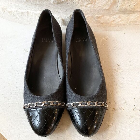 STUART WEITZMAN Ballet Flat Womens 7.5M Legacy Wool Shoes Gray Black Cap Toe - Picture 1 of 6